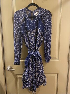 Isabel Marant Navy Mixed-Print Long Sleeve Tie-Waist Dress